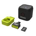Access-C shown with a microSD card, the silicone rubber carrying case, and a GoPro